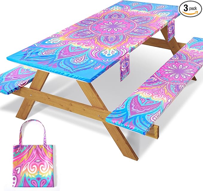Jobunai 3 Piece 96x30Inch Picnic Table Cover with Bench Covers Fitted Elastic Weather Proof Camping Table Clothes Camp Motorhome Tools Gardening Rv Items Outside Road Trips Must Haves Gift for Adults
