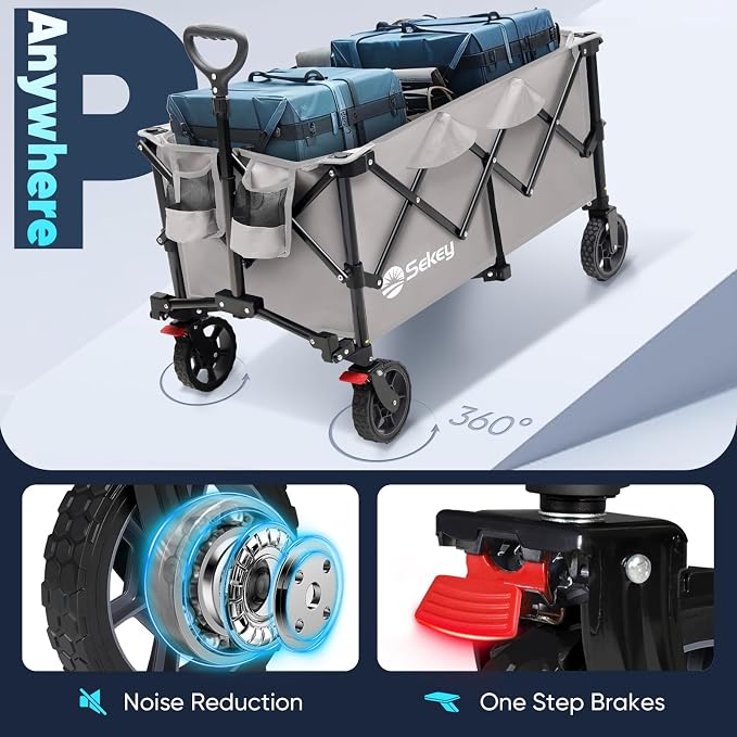 Sekey Collapsible Foldable Wagon with 300lbs Weight Capacity, Heavy Duty Folding Wagon Cart with Big All-Terrain Wheels & Drink Holders.Gray