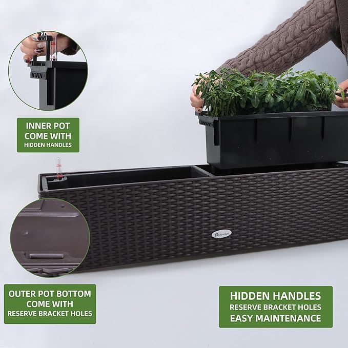 Dexceder 31.5 Inch Self Watering Rail Window Box with Bracket (Brown) | Thickened Large Rattan Planter Flower Plant Pot with Water Level Indicators Indoor Outdoor