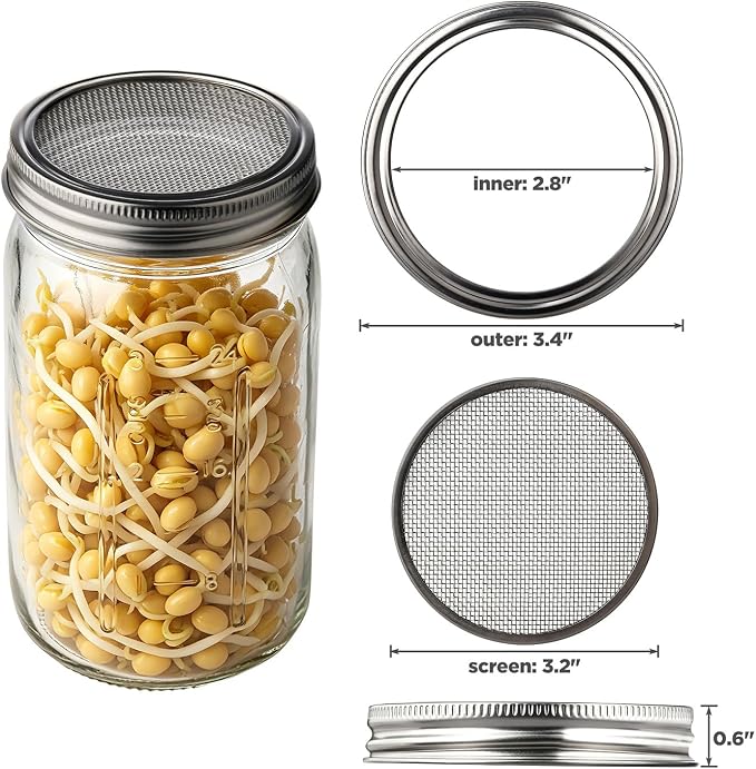 2PCS 1000ML Sprouting Jars with 86mm Wide Mouth Mason Jar with Stainless Steel Screen Sprout Lids,3.7X6.5 inches Sprouts Growing Kit,Organic Seed Sprouting Jar Kit