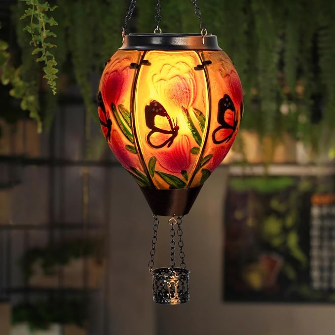 Butterfly Flower Solar Hot Air Balloon Lantern with Flame, Glass Balloon Lantern Outdoor Waterproof Lights, Hanging Solar Lights for Outside Garden Patio Porch Tree Yard Gift for Mom