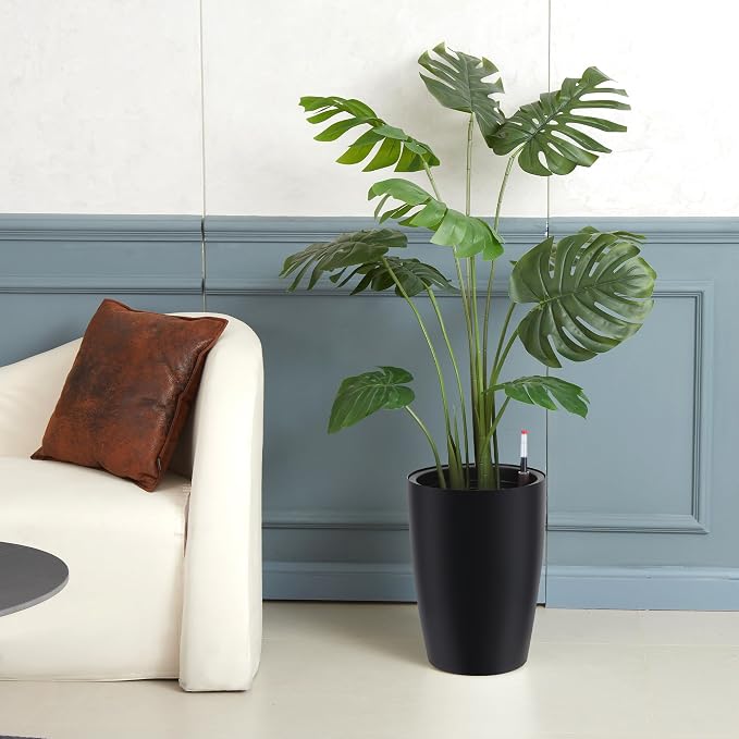 16" Tall Planter Set of 2, Self Watering Pots, Large Planter for Indoor Outdoor Plants, Built-in Drainage and a Water Level Monitor, Tall Planters for Patio, Porch, Living Room, Home Office, Black