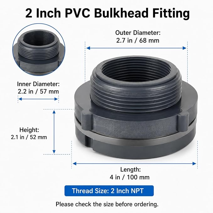 YOUNTHYE 8 Pack 2 Inch PVC Bulkhead Fitting, Double Threaded NPT Water Tank Connector, Bulkhead Pipe Adapter for Rain Barrels, Aquariums, Ponds, Tubs and Water Storage Projects