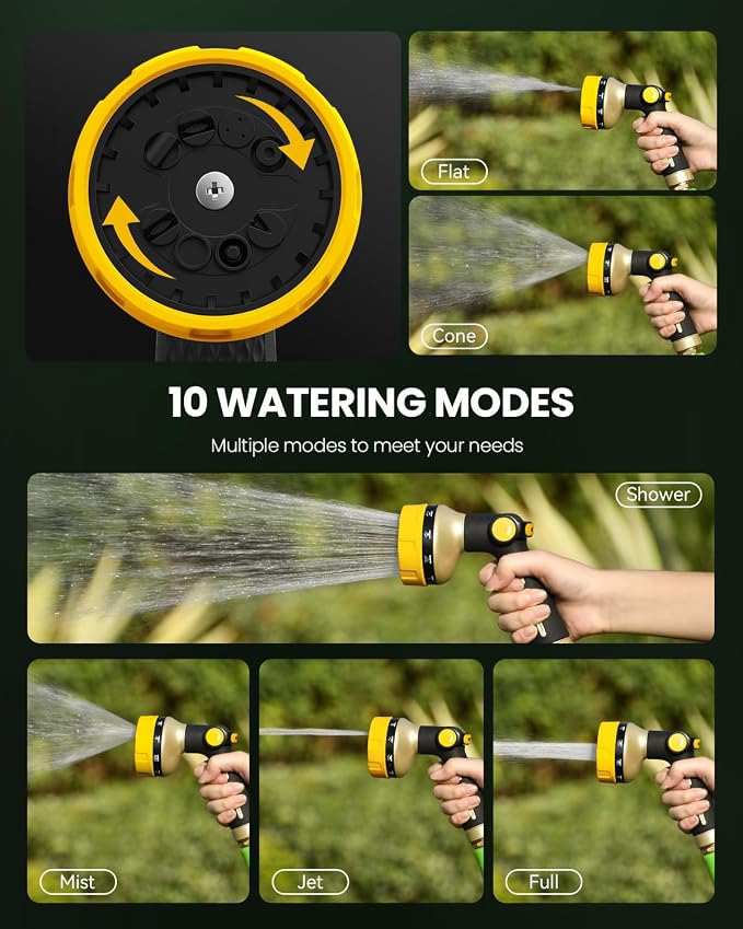 RAINPOINT Garden Hose Nozzle Heavy Duty - 100% Metal Thumb Control Spray Nozzles for Garden Hose High Pressure, 10 Patterns Water Hose Nozzle for Car Wash, Watering Lawn and Pets, Yellow2, 2 Pack