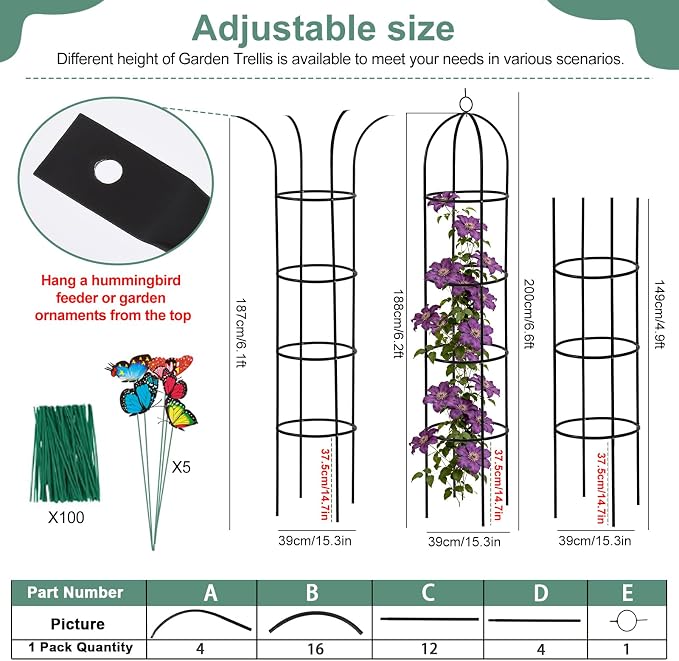 100% Metal Obelisk Garden Trellis 6.6 Feet Tall Sturdy Plant Support for Climbing Vines and Flowers Stands,1pc Upgrade Round Trellis for Pots Metal Plant Flower Trellises for Clematis Jasmine Outdoor