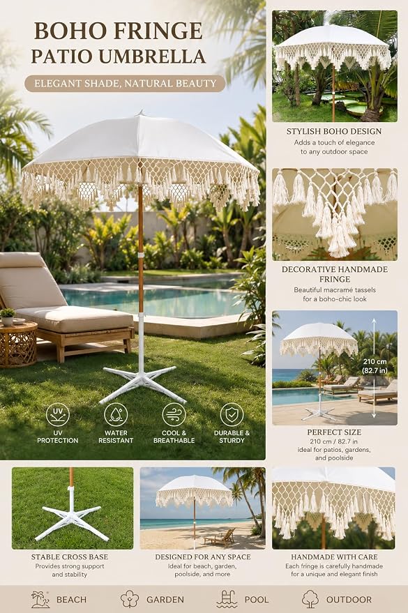 Bohemian Umbrella Macrame 6.5ft HANDCRAFTED Balinese MACRAME Canopy OUTDOOR Umbrella LUXURY Umbrella MIAMI Umbrella Premium Macrame for Deck, Patio, Pool, Sun Shade and Outdoor Entertaining