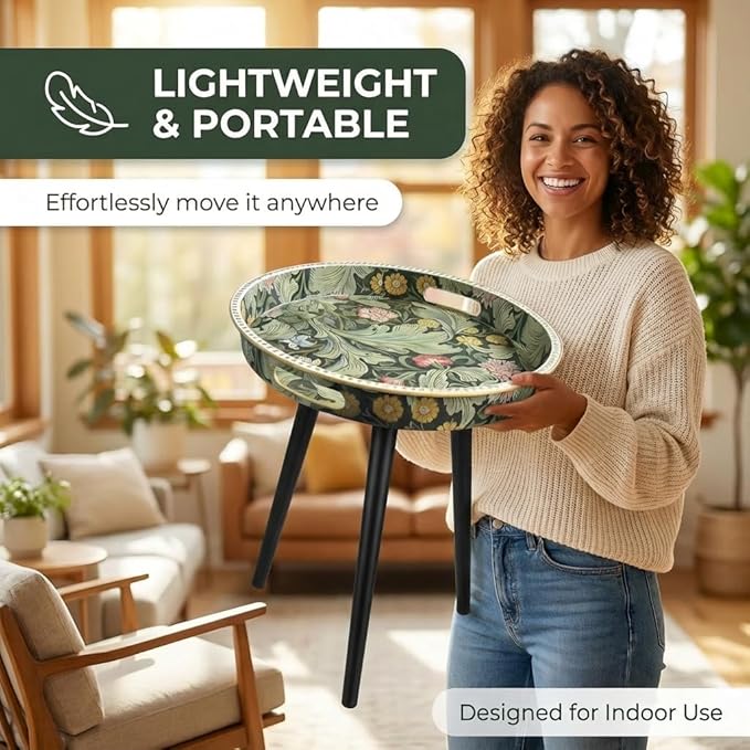 Small Round Side Table Vintage Floral - 13" William Morris Pattern - Botanical Tripod Drink Table & Nightstand with Moisture-Resistant Wrapped Legs for Living Room, Bedroom, Corner
