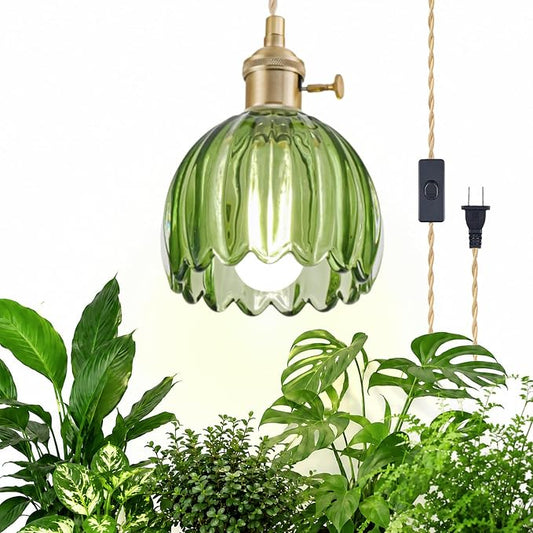 Hanging Grow Lights for Indoor Plants, 12W Full Spectrum 98+ CRI Grow Lamp, Dual CCT 3000K/4000K, Dual Switches, Pulley Height Adjustable, 13.12FT Cord, Petal Glass Plant Light for Indoor Flowers