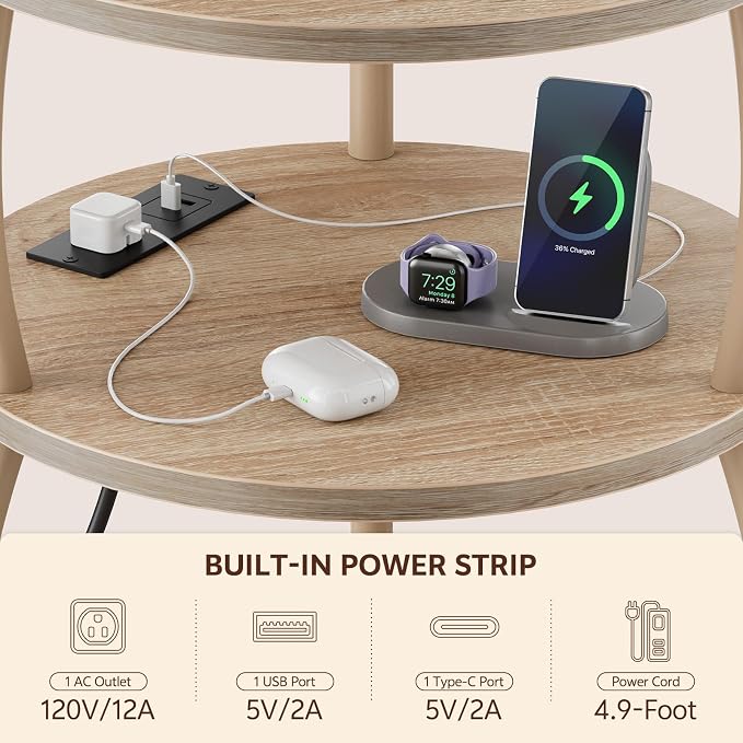 Round Side Table with Charging Station, USB Type C Port, Oak | End Table with Power Outlet,15.75 in Small Round Table with Basket, Space Saving, 3-Tier Small Table for Bedside, Sofa