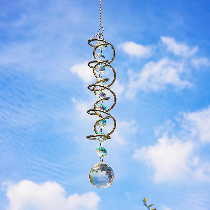 20.5in Crystal Suncatcher Gazing Ball Spiral Wind Spinner Garden Decor | Colorful Crystal Sun Catcher with Octagonal Beads Spiral Tail Rainbow Maker Hanging for Indoor Outdoor Garden Patio Decor