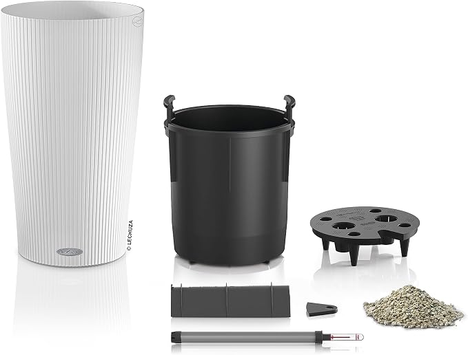 Lechuza CILINDRO Color 23 White, Self-Watering Tall Planter, D9.1 H16.1 in