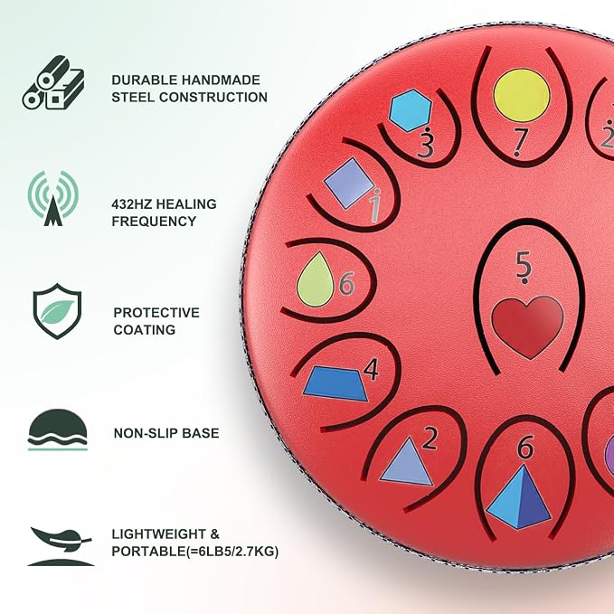 REGIS Rain Drum for Outside Garden, 6.8 Inches 13 Notes Steel Tongue Drum, Waterproof Meditation Rain Chime, UV-Printed Notes & Geometric Design, with Bag, Mallets & Music Book(red)