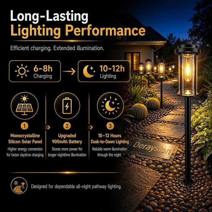 DERAYSION Solar Lights Outdoor Pathway, 8 Pack Large LED Solar Garden Lights, 21-Inch Waterproof Auto Dusk to Dawn Outdoor Solar Lights for Yard, Landscape Path, Driveway, Warm White