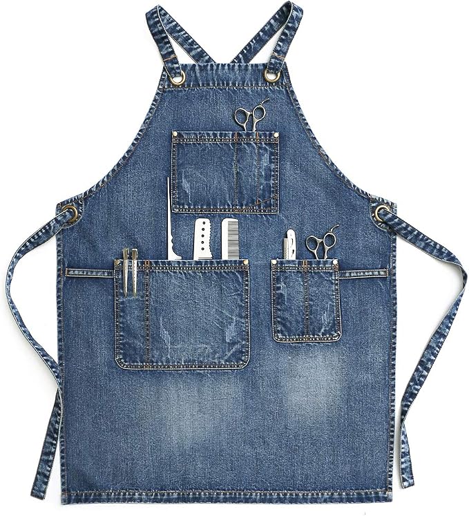 Jeanerlor Denim Hair Stylist Apron With Pockets for Women, Acid Washed Jean Work Tool Aprons Cross Back for Hairstylist (Denim Blue) Adjustable S to L