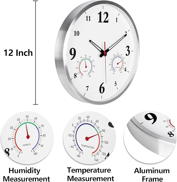 Outdoor Clock Waterproof with Thermometer and Hygrometer Combo, Metal Outdoor Wall Clocks for Patio Pool Garden - 12 Inch White
