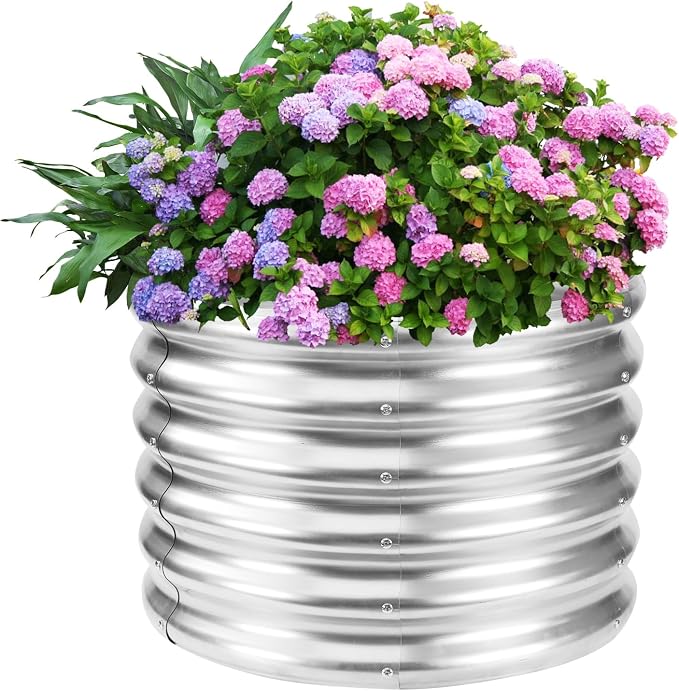 YSEJOMP 17" Tall Round Outdoor Garden Raised Garden Bed Kits-0.8MM Thick Metal Raised Planter Bed/Ground Planter Box for Variety of Flowers,Herbs,Vegetables,Trees (Silver, 24 Dia X 16.5 inches)