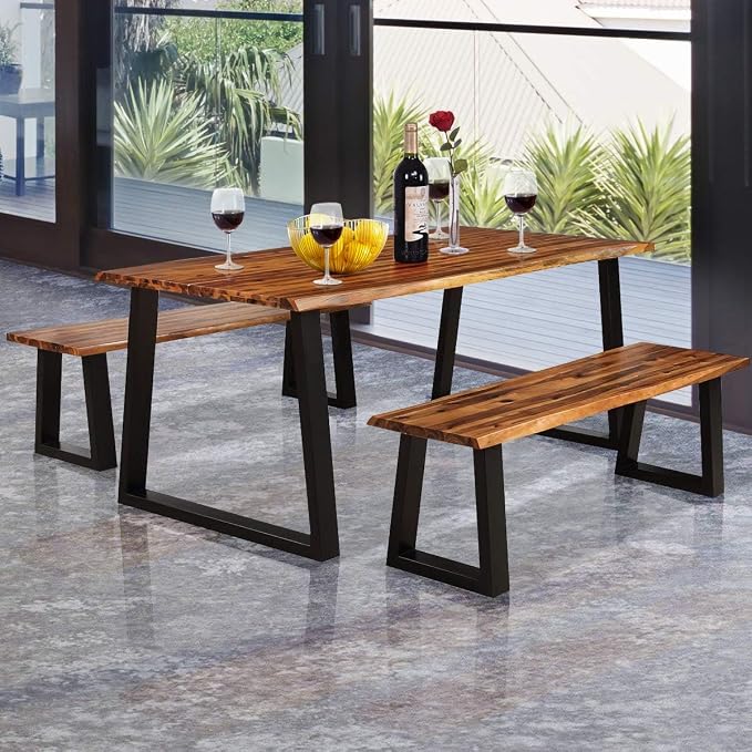 HAPPYGRILL Acacia Wood Patio Bench Set of 2, Dining Picnic Bench with Metal Frame, 57.5" Wood Bench for Indoor Outdoor Garden Backyard Lawn