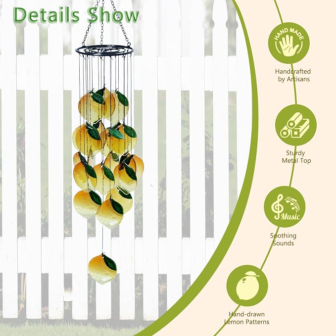 Small Sea Glass Wind Chimes for Outside, Lemon Windchimes Outdoors Unique, Sea Glass Art Wind Chimes Outdoor Gifts for Women, Hanging Outdoor Garden Decor