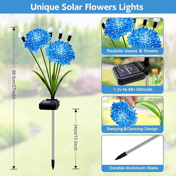 Solar Garden Lights, 4 Pack Blue Solar Swaying Firefly Lights With Flowers, Waterproof Blue Flowers Light Outdoor for Garden Patio Yard Pathway Fall Decoration, Gifts for Women Mother's Day
