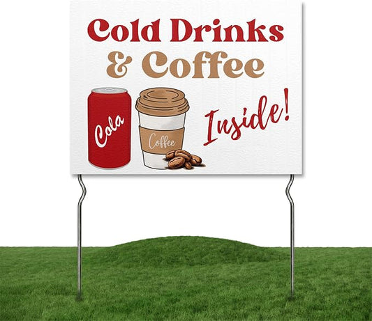 Cold Drinks & Hot Coffee Inside! Yard Sign by DC | 24"x18" Double Sided Conv. Store Garden Sign with 13” Metal Stakes | Outdoor Signs Waterproof for Lawn, Patio, Sidewalk & House | Set of 1
