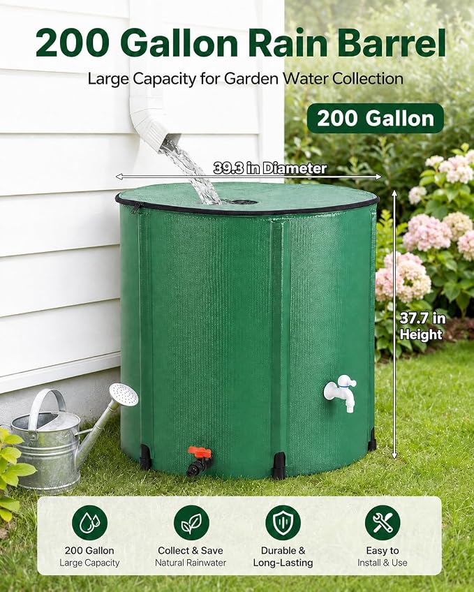 200 Gallon Collapsible Rain Barrel, Portable Rain Water Collection Barrel, Rainwater Collection System with Spigots and Overflow Kit, Rain Barrels to Collect Rainwater from Gutter