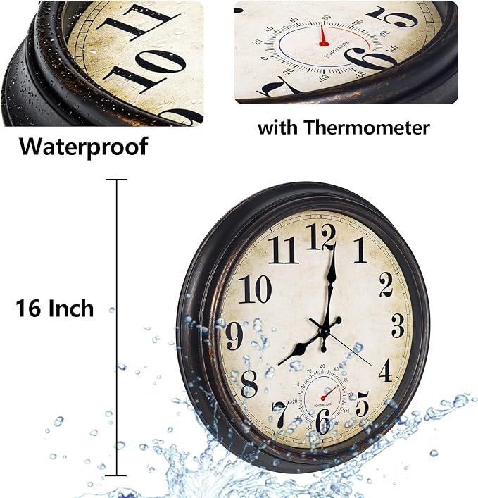 Outdoor Clock Waterproof with Thermometer Wall Clock for Patio Pool Bathroom Kitchen 16 Inch Bronze