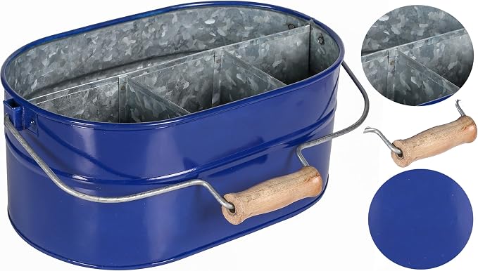 Alpha Living Home 4 -Section Galvanized Utensil Silverware Caddy - Farmhouse Organizer with 4 Compartments and Wooden Handle - Versatile Storage for Kitchen, Outdoor & Party Essentials (Blue)