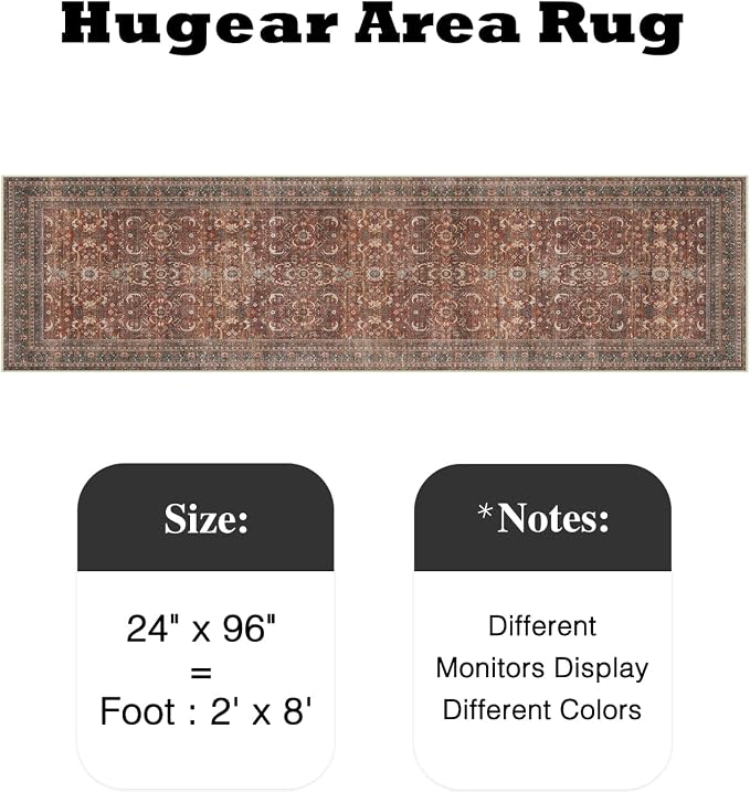 2x8 Brick Red Vintage Distressed Washable Runner Rug for Hallway | Low Pile, Non Slip, Retro Style, Soft Distressed Long Hallway Runner for Kitchen, Entryway, Laundry, Bedroom, Home Decor