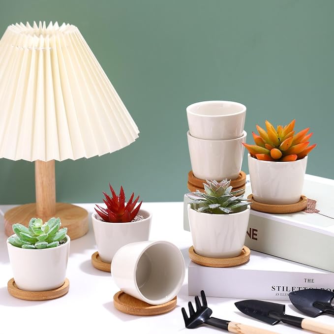Hsei 24 Pack 2.5 Inch Mini Succulent Plant Pots Small Ceramic Flower Pot with Bamboo Tray Garden Cactus Herb Container Home Office Decoration for Birthday Graduation Wedding Favor Gifts (White)