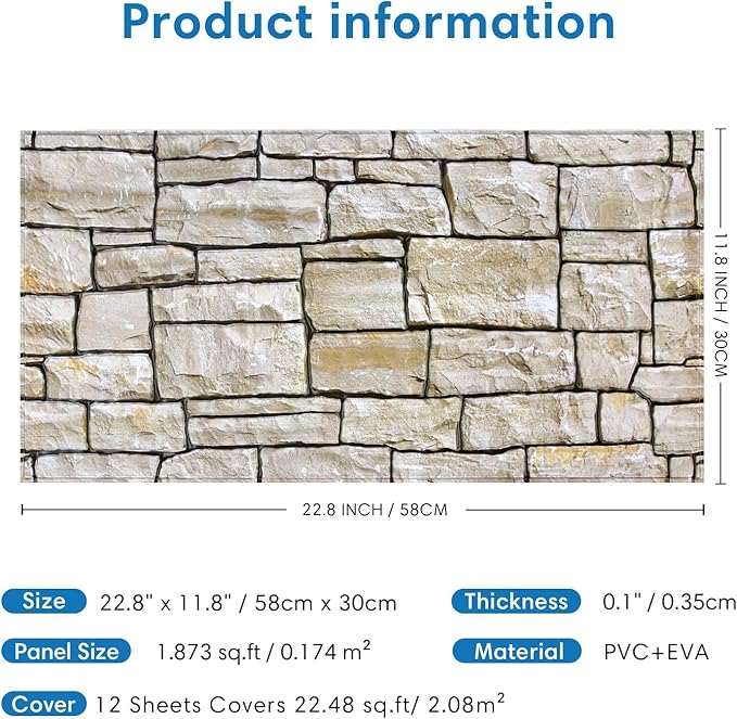 COMSTICKC 3D Faux Stone Wall Sticker Peel and Stick Wall Covering, 12 pcs 22.8" x 11.8", DIY UrltraLight PVC 3D Self Adhesive Fake Brick Rock Paneling Interior Decor,Paintable,Covers 22.48 sq.ft