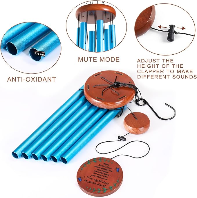 Memorial Wind Chimes for Loss of Loved One – Sympathy Gift for Loss of Dad, Mom, Baby, or Friend – Outdoor Bereavement Wind Chimes, Blue Round Design