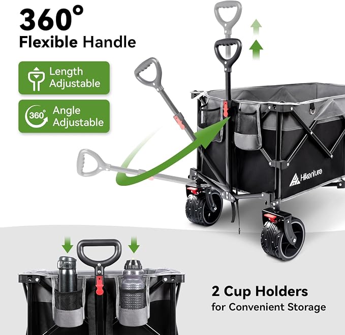 Hikenture Foldable Beach Wagon with Big Wheels for Sand, 330 lbs Capacity | Large wagon for beach, camping, sports & grocery hauling; Big wheels for sand & gravel; One-hand fold