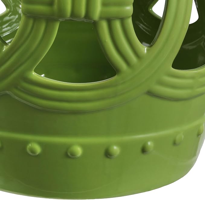 JONATHAN Y Lucky Coins 16" Ceramic Garden Stool, Contemporary Matte Green Cutout Interlocking Rings Drum Indoor/Outdoor Side Table and Plant Stand for Patio, Garden, Living Room TBL1022H