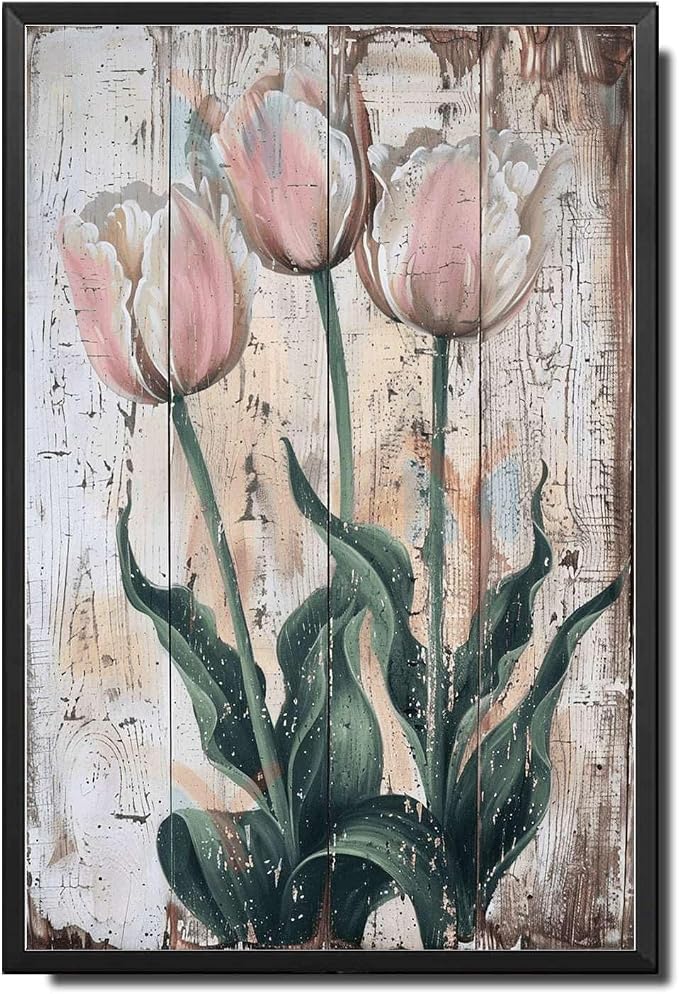 Metal Sign Tin Sign Vintage Wall Art Elegant Tulips Vintage Tin Sign for Rustic Home Decor Shabby Chic Style and Waterproof Aluminum S Metal Signs Vintage for Pub 6×8 Inches with Metal Frame