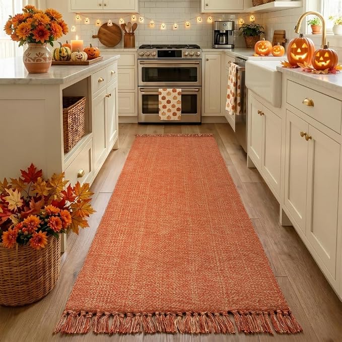 Fall Bathroom Runner Rug, 2.6' x 7' Washable Long Kitchen Rugs | Modern Farmhouse Entry Hall Carpet, Terracotta Hand Woven Hallway Runner Rug for Laundry Bedroom Porch Bedside Fall Decor