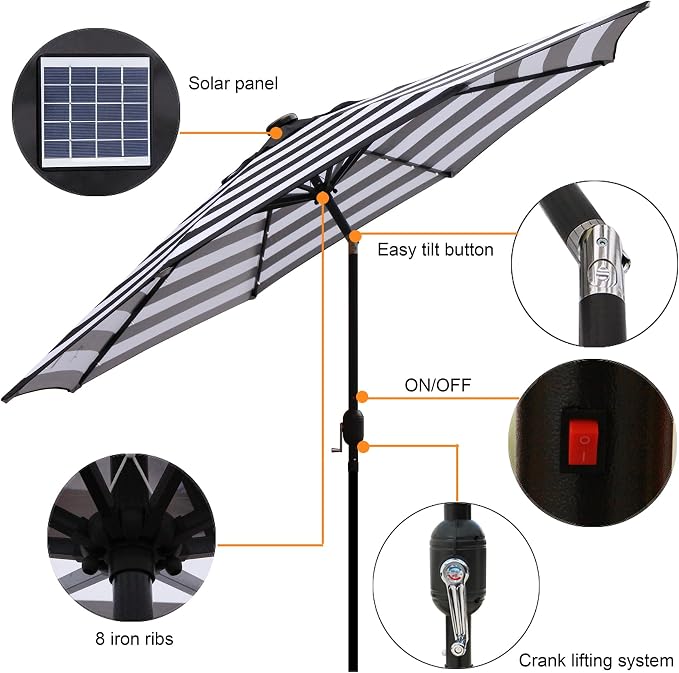 Blissun 9 ft Solar Umbrella 32 LED Lighted Patio Umbrella Table Market Umbrella with Tilt and Crank Outdoor Umbrella for Garden, Deck, Backyard, Pool and Beach (Black and White)