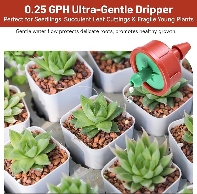 300 PCS 0.25 GPH Pressure Compensating Drip Irrigation Spot Watering Drippers/Emitters, Anti-Clog Self-Cleaning Drip Irrigation Emitters Heads Irrigation Drippers Parts for Seedlings, Mini Gardens