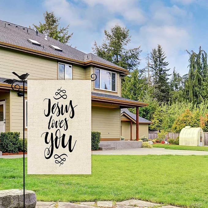 EMMTEEY Easter Garden Flag Double Sided Burlap Decor 12.5x18 Inch Yard Outdoor Decor Garden Flag Jesus Loves You Inspirational Quote Design Element Housewarming Poster Modern Brush Lettering print