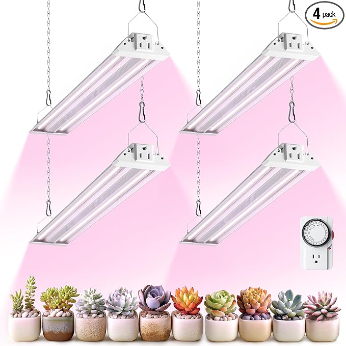 Barrina TX36 2FT LED Grow Light for Seed Starting, 144W(4 x 36W, 800W Equivalent), High PPFD, Full Spectrum, Mechanical Timer, Hang Grow Light from Seed to Flower with On/Off Switch, Linkable, 4 Packs