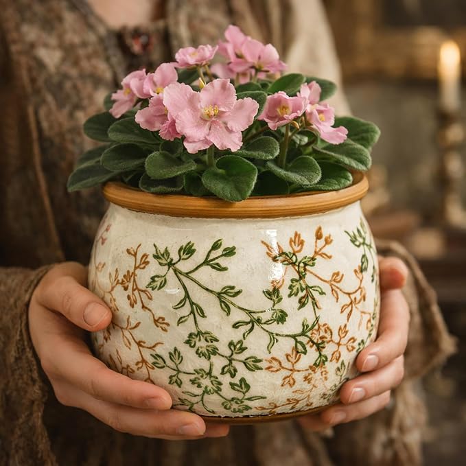 Vintage Ceramic Flower Pot - Indoor Outdoor Planters with Drainage Holes & Filter Screen, 6.5’’ Small Rustic Farmhouse Decorative Plant Pots for Garden/Patio/Balcony (Bicolor Vines, Small)