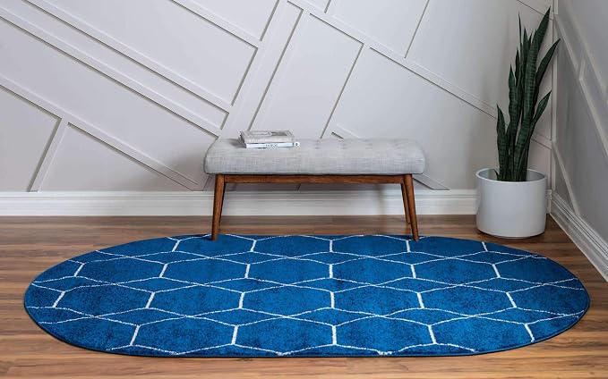 Unique Loom Trellis Frieze Collection Area Rug - Geometric (4' x 6' Oval, Navy Blue/ Ivory)