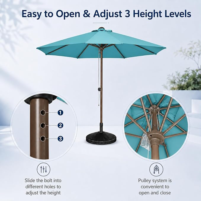9FT Patio Umbrella, Outdoor Table Umbrella with Rope Pulley Lift, 3 Adjustable Heights, Market Umbrellas for Backyard, Pool and Deck, UPF50+