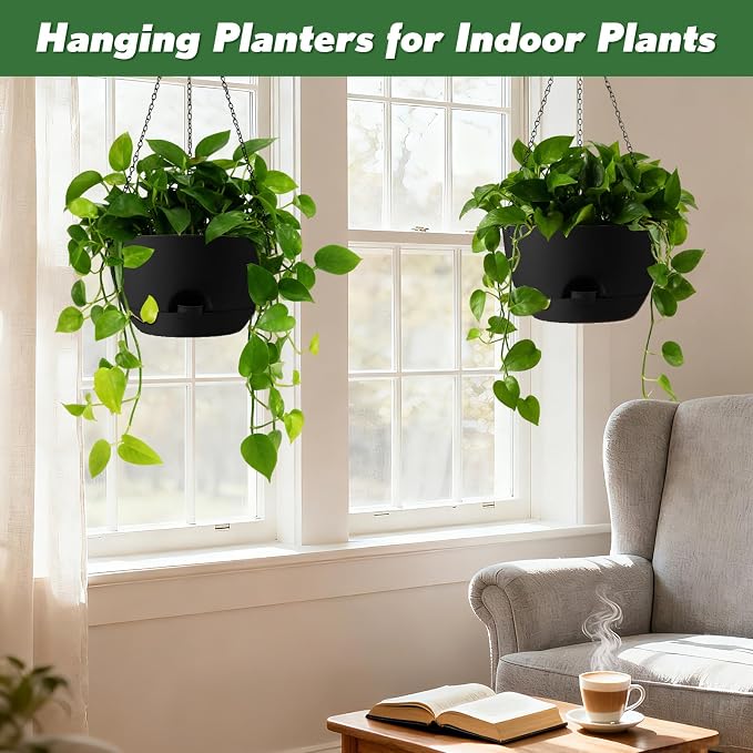 4-Piece Set of 8-Inch Hanging Planters with Automatic Watering System and Drip Tray, Includes Metal Chain, Suitable for Various Indoor and Outdoor Plants and Flowers,Black