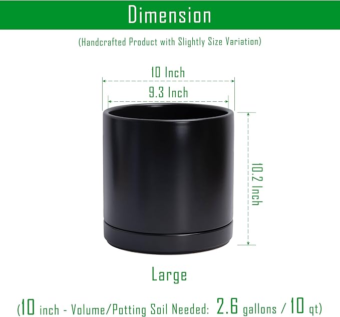D'vine Dev Set of 2 Plants Pots, 10 Inch Ceramic Planter Pot for Plants with Drainage Hole and Saucer, Black, 94-V-E-2