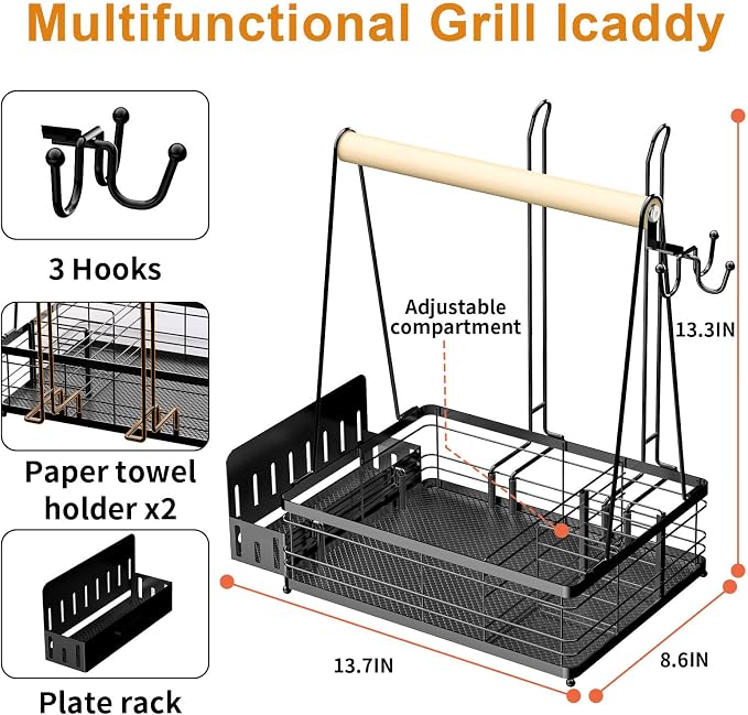 Grill Caddy, BBQ for Outdoor Grill with 2 Paper Towel Holders, Picnic BBQ Condiment Utensil Organizer Caddy for Outdoor Cooking, Rv, Camping Essential, Camper Must Haves,Gifts for Men