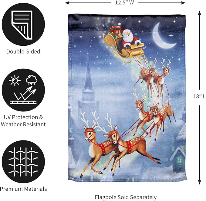 Evergreen Flag Santa Sleigh Lustre Garden Flag 12x18 Inches Double Sided | Christmas Garden Flag for Outside | Weather and Fade Resistant | Outdoor Flag For Yards and Gardens