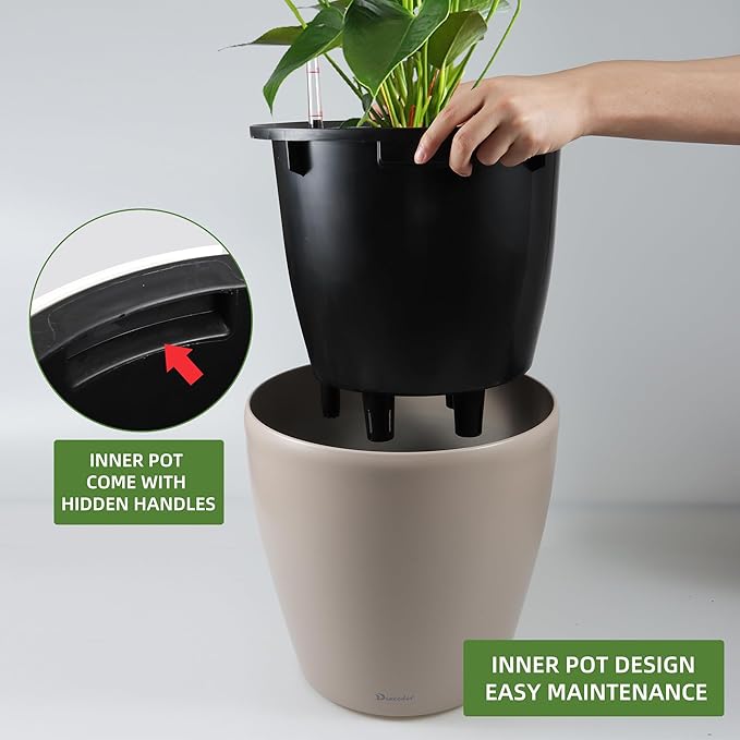 Dexceder 13x12 Self Watering Planter with Wheels (Taupe Matte) | Inner Pot Design, Thickened Large Floor Standing Flower Plant Pot with Water Level Indicator Indoor Outdoor