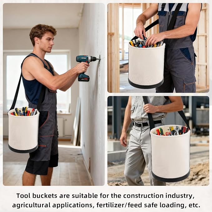2 Pack Utility Canvas Tool Bucket 15" x 12" All Purpose Canvas Bag,Oval Truck Tool Organizer with Plastic Bottom Metal Hook for Industrial Maintenance Construction Sits