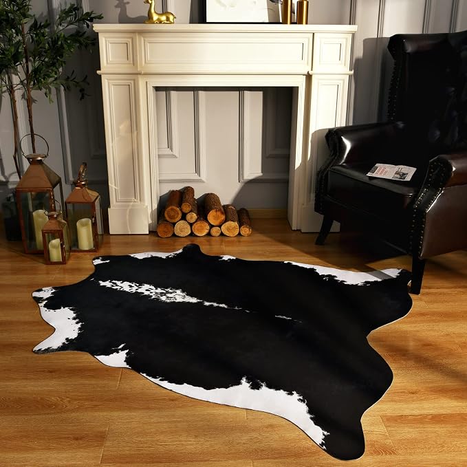 BENRON Faux Cowhide Rug, Cow Print Rug for Living Room Bedroom 5.2x6.2ft | Western cow hide rug for Cowboy Cowgirl Home Decor, Washable Rugs with Irregular Animal Skins and Hides Non Slip, Black