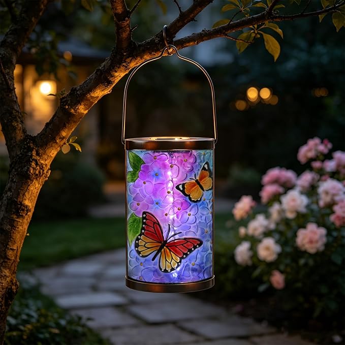 MUMTOP Hanging Solar Lantern Outdoor Waterproof LED Solar Lights Butterfly Decorative Solar Lanterns Tabletop Lamp for Outdoor Patio Garden Yard Decor
